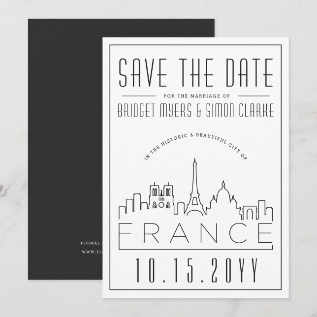 France Wedding | Stylised Skyline Save the Date  Invitation (Front/Back)