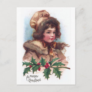 Frances Brundage: Winter Girl with Holly Holiday Postcard