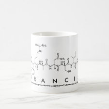 Mug featuring the name Francis spelled out in the single letter amino acid code