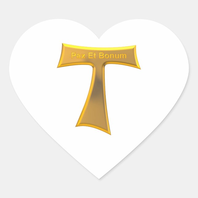 Franciscan Tau Cross Pax Et Bonum Gold Metallic Heart Sticker (Front)
