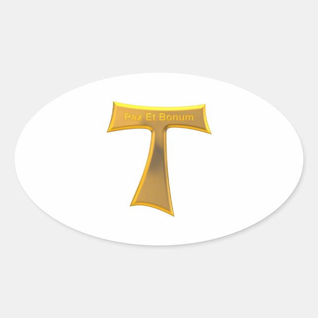 Franciscan Tau Cross Pax Et Bonum Gold Metallic Oval Sticker (Front)