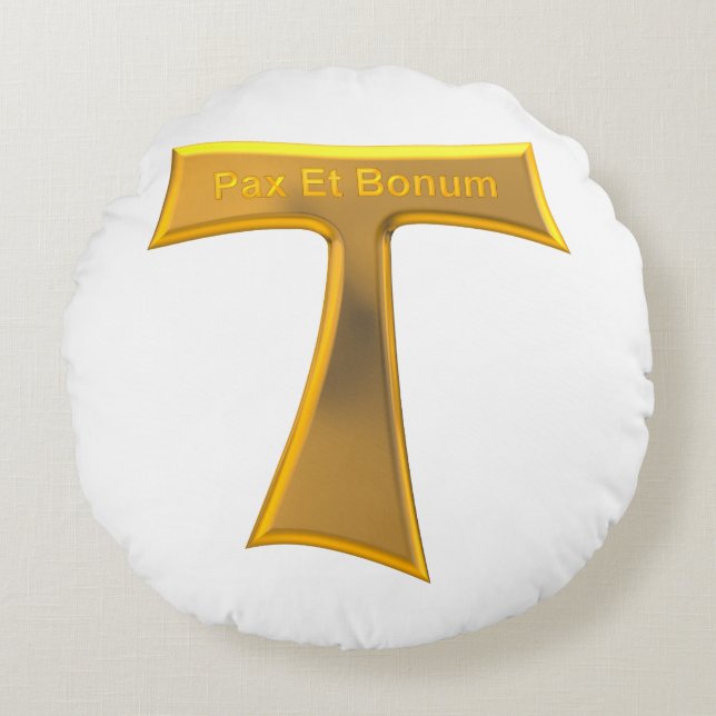 Franciscan Tau Cross Pax Et Bonum Gold Metallic Round Cushion (Front)