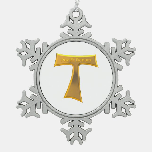 Franciscan Tau Cross Pax Et Bonum Gold Metallic Snowflake Pewter Christmas Ornament (Front)