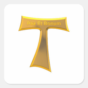 Franciscan Tau Cross Pax Et Bonum Gold Metallic Square Sticker