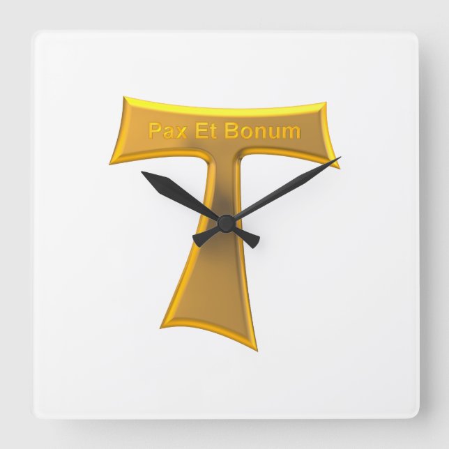 Franciscan Tau Cross Pax Et Bonum Gold Metallic Square Wall Clock (Front)