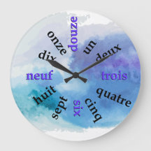Francophone Numbers Blue Watercolor Round Clock