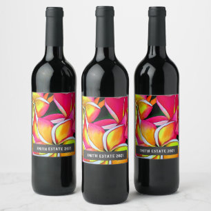 Frangipan flowers watercolor floral art wine label