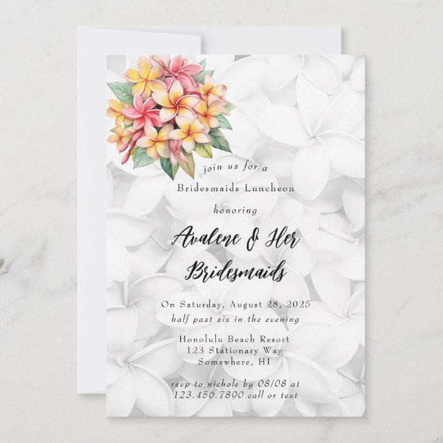Frangipani Floral Hawaiian Bridesmaids Luncheon Invitation (Front)