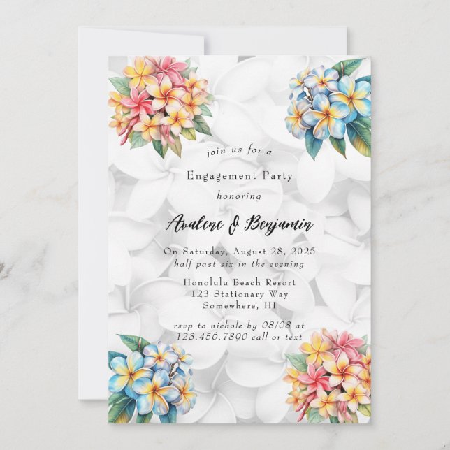 Frangipani Floral Hawaiian Engagement Party Invitation (Front)