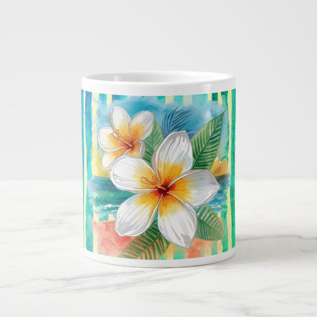 Frangipani Flowers ,Turquoise Yellow Line Pattern Large Coffee Mug (Front)