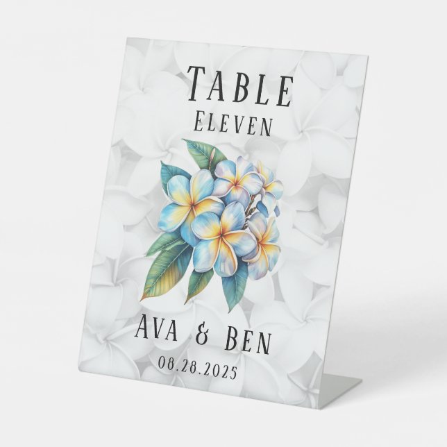 Frangipani Hawaii Floral Wedding Table Number  Pedestal Sign (Front)