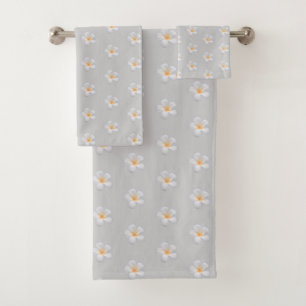 Frangipani Plumeria Flowers on Light Silver Grey Bath Towel Set