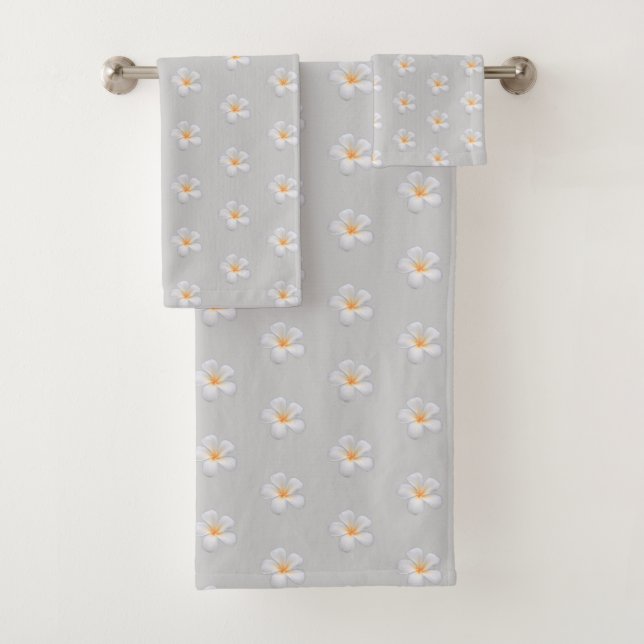  Frangipani Plumeria Flowers on Light Silver Grey Bath Towel Set (Insitu)