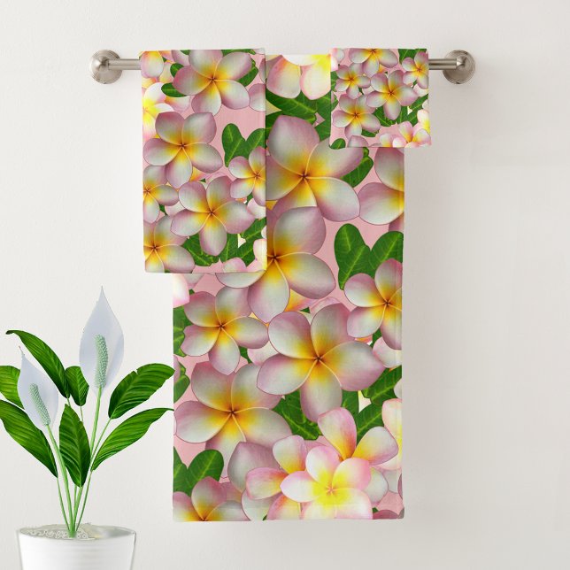 Frangipani Plumeria Flowers on Pink Bath Towel Set (Creator Uploaded)