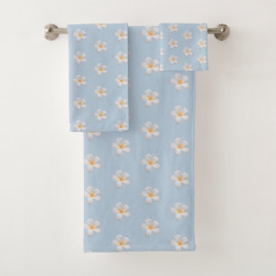 Frangipani Plumeria Flowers on Wondrous Blue Bath Towel Set