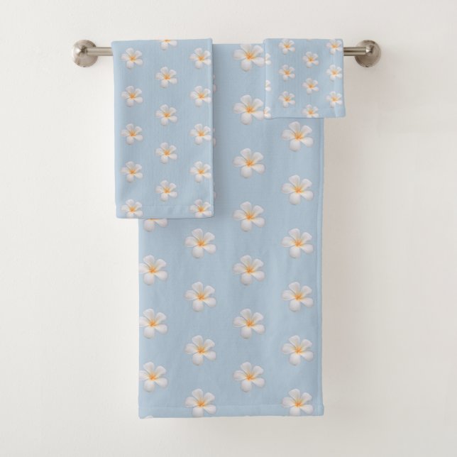  Frangipani Plumeria Flowers on Wondrous Blue Bath Towel Set (Insitu)
