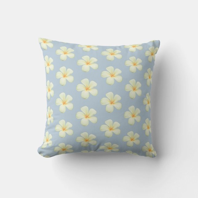  Frangipani Plumeria Flowers on Wondrous Blue Cushion (Front)