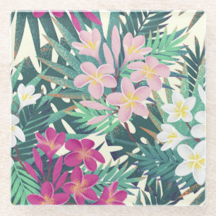 Frangipani Tropical: Pink-White Vintage. Glass Coaster