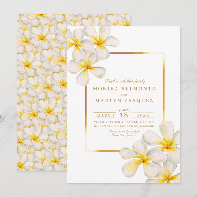 Frangipani white gold tropical flower art wedding invitation (Front/Back)