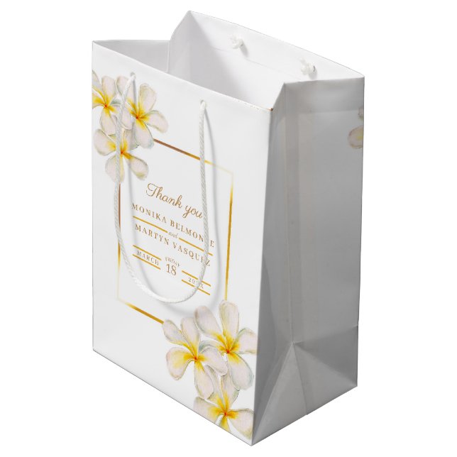 Frangipani white gold tropical flower art wedding medium gift bag (Back Angled)