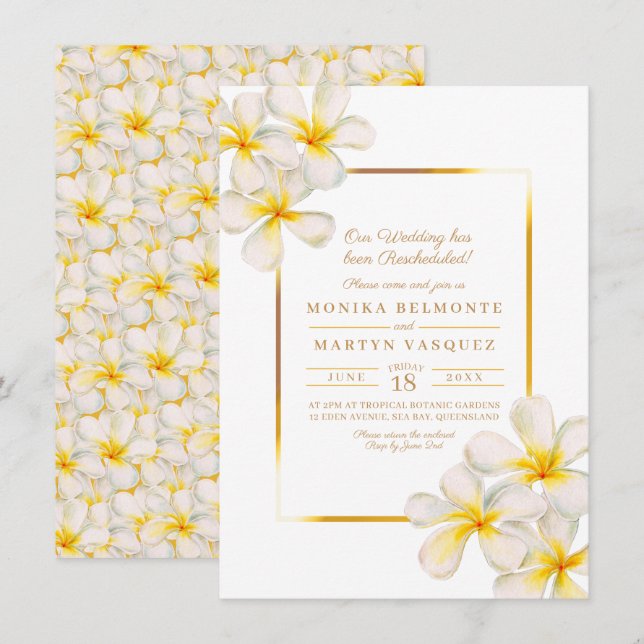 Frangipani white gold tropical rescheduled wedding invitation (Front/Back)