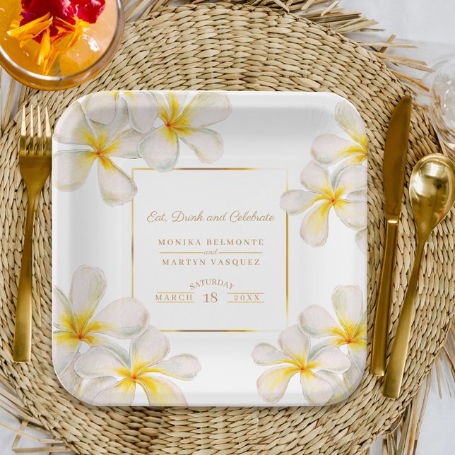 Frangipani white gold tropical wedding  paper plate (Creator Uploaded)