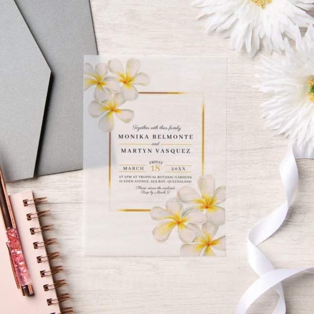 Frangipani white gold tropical wedding vellum invitations (Wedding)