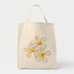 Frangipani white golden yellow watercolor flowers tote bag