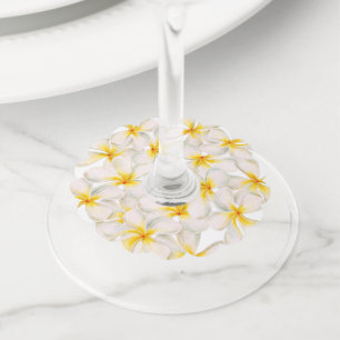 Frangipani white yellow flowers tropical wedding wine glass tag