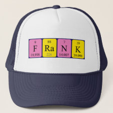 Hat featuring the name Frank spelled out in symbols of the chemical elements