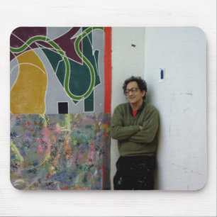 Frank Stella beside one of his works Mouse Mat