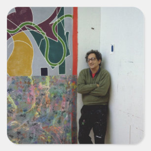 Frank Stella beside one of his works Square Sticker