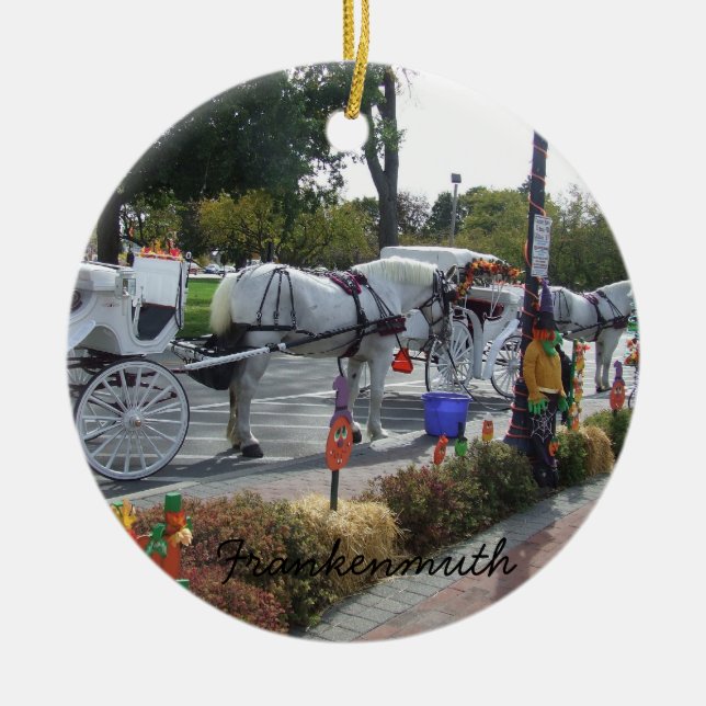 Frankenmuth Michigan White Horse Carriage Autumn Ceramic Tree Decoration (Front)