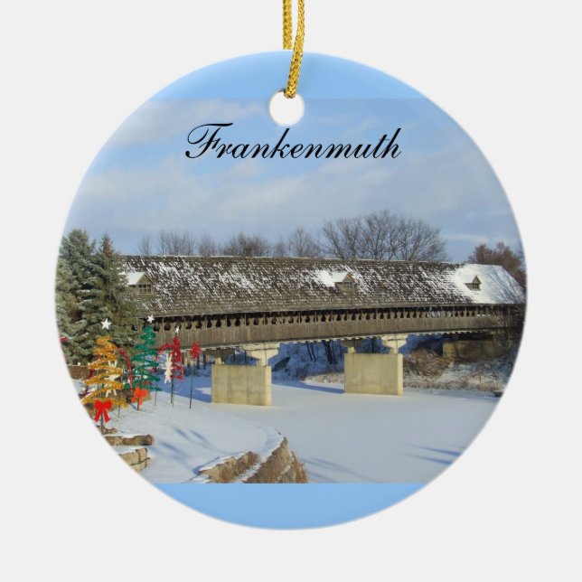 Frankenmuth Wooden Covered Bridge Michigan 2 Sided Ceramic Tree Decoration (Front)