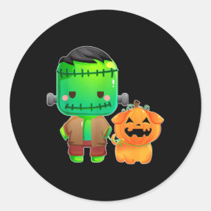 Frankenstein And Pumpkin Dog Halloween Classic Round Sticker