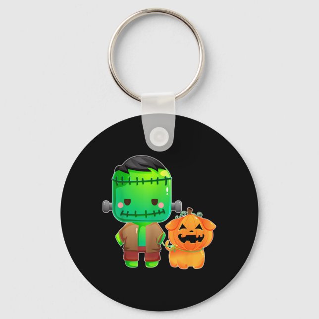 Frankenstein And Pumpkin Dog Halloween Key Ring (Front)