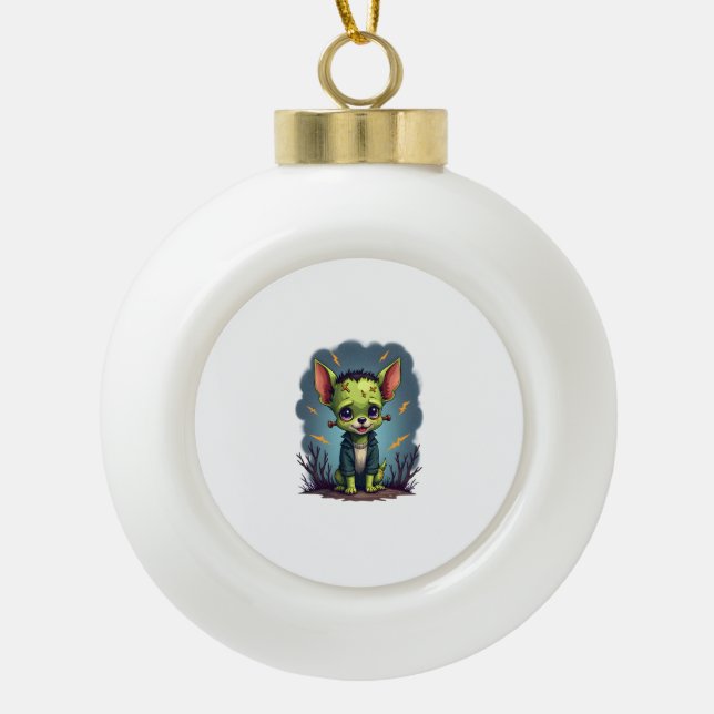 Frankenstein Chihuahua Shock Ceramic Ball Christmas Ornament (Front)