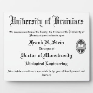 Frankenstein diploma display plaque