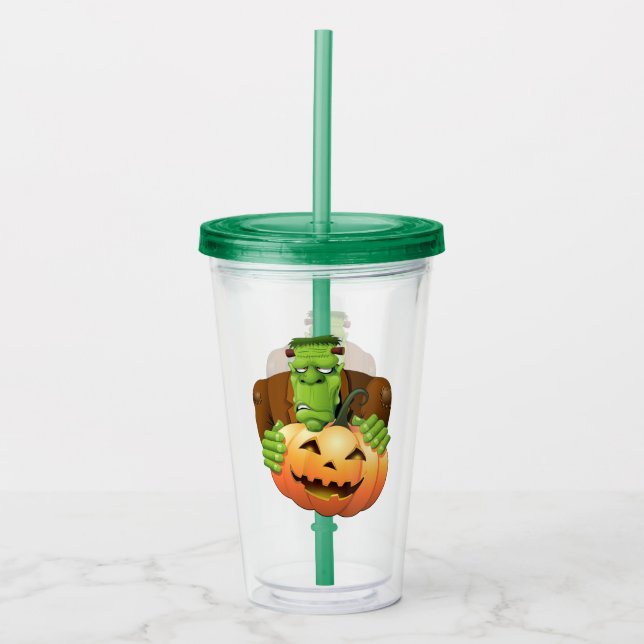 Frankenstein Monster Cartoon with Pumpkin Acrylic Tumbler (Front)