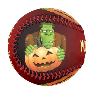Frankenstein Monster Cartoon with Pumpkin Baseball