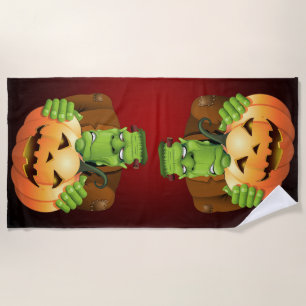 Frankenstein Monster Cartoon with Pumpkin Beach Towel