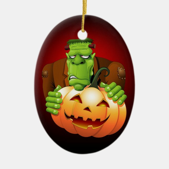 Frankenstein Monster Cartoon with Pumpkin Ceramic Tree Decoration (Front)