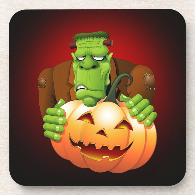 Frankenstein Monster Cartoon with Pumpkin Coaster (Front)