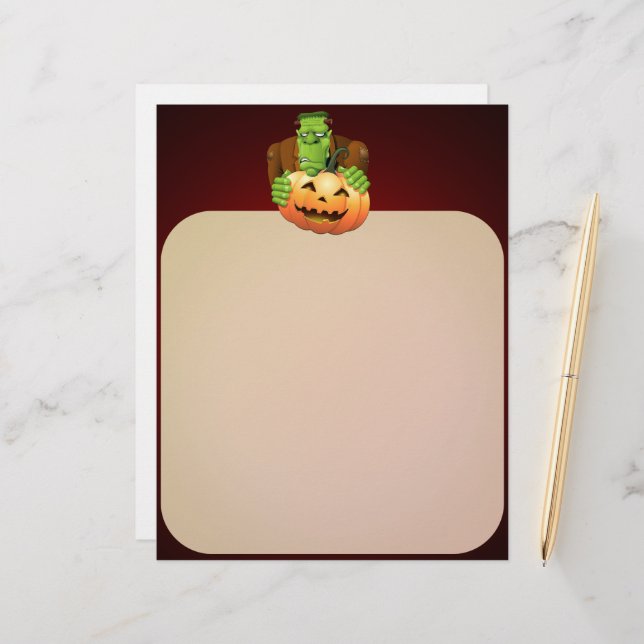 Frankenstein Monster Cartoon with Pumpkin Custom Letterhead (Front/Back In Situ)