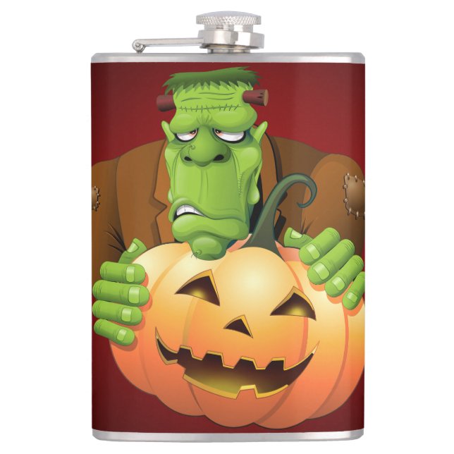 Frankenstein Monster Cartoon with Pumpkin Hip Flask (Front)