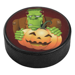Frankenstein Monster Cartoon with Pumpkin Hockey Puck