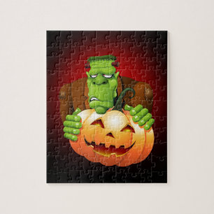 Frankenstein Monster Cartoon with Pumpkin Jigsaw Puzzle