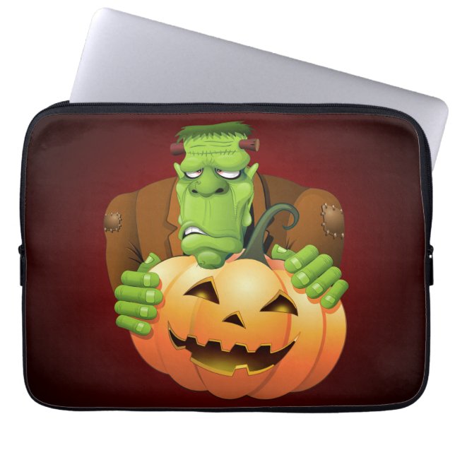 Frankenstein Monster Cartoon with Pumpkin Laptop Sleeve (Front)
