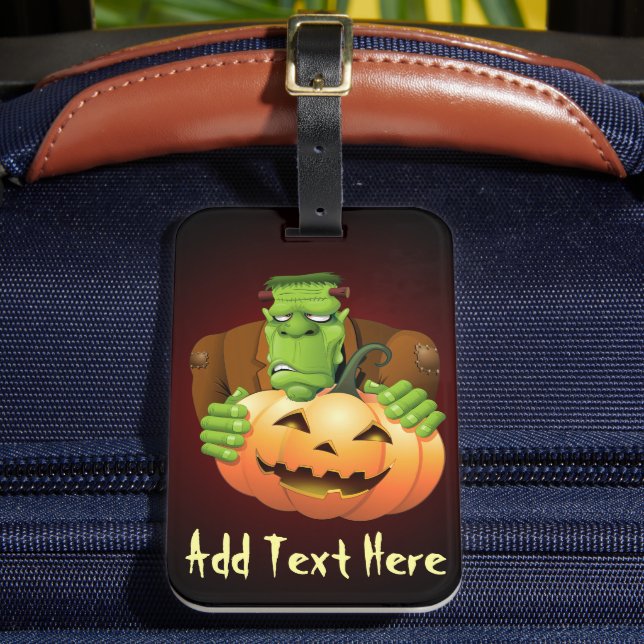 Frankenstein Monster Cartoon with Pumpkin Luggage Tag (Front Insitu 2)