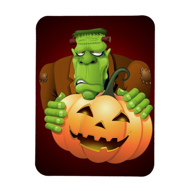 Frankenstein Monster Cartoon with Pumpkin Magnet (Vertical)